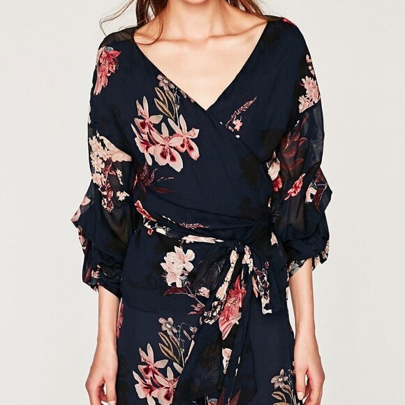 Zara Women Sheer Floral Feminine Ruched Sleeve Wrap Top Sz XS - Picture 1 of 7